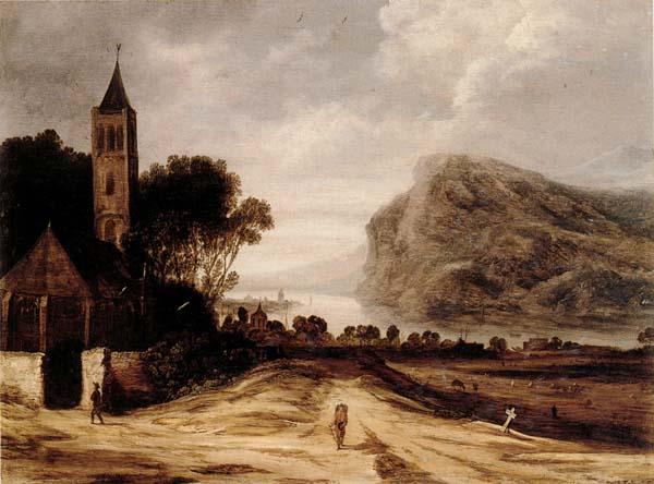 Philippe de Momper An extensiver river landscape with a church,cattle grazing and a traveller on a track Sweden oil painting art